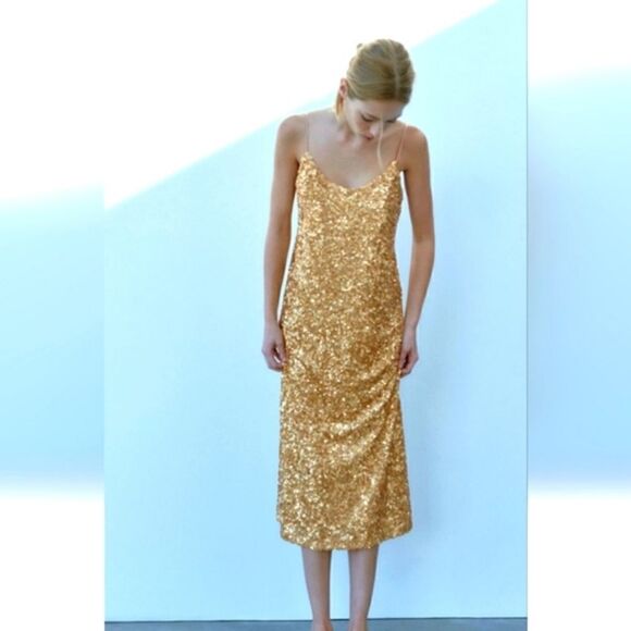 ZARA GOLD SEQUIN KNIT SLIP DRESS bloggers favorite - Picture 12 of 16